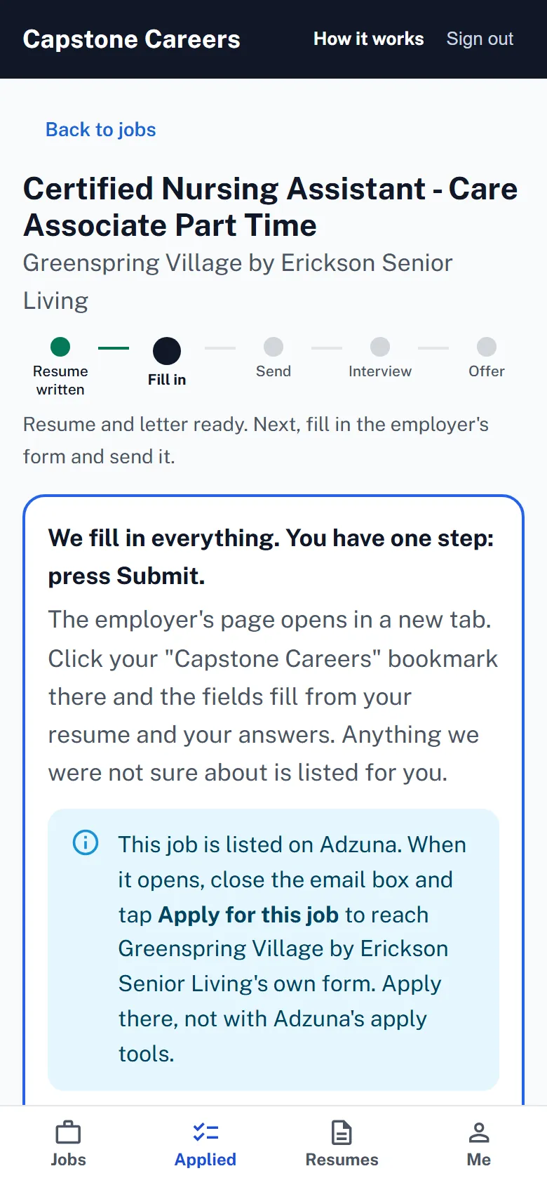 An application in Capstone Applied with its progress marker: resume written, fill in, send