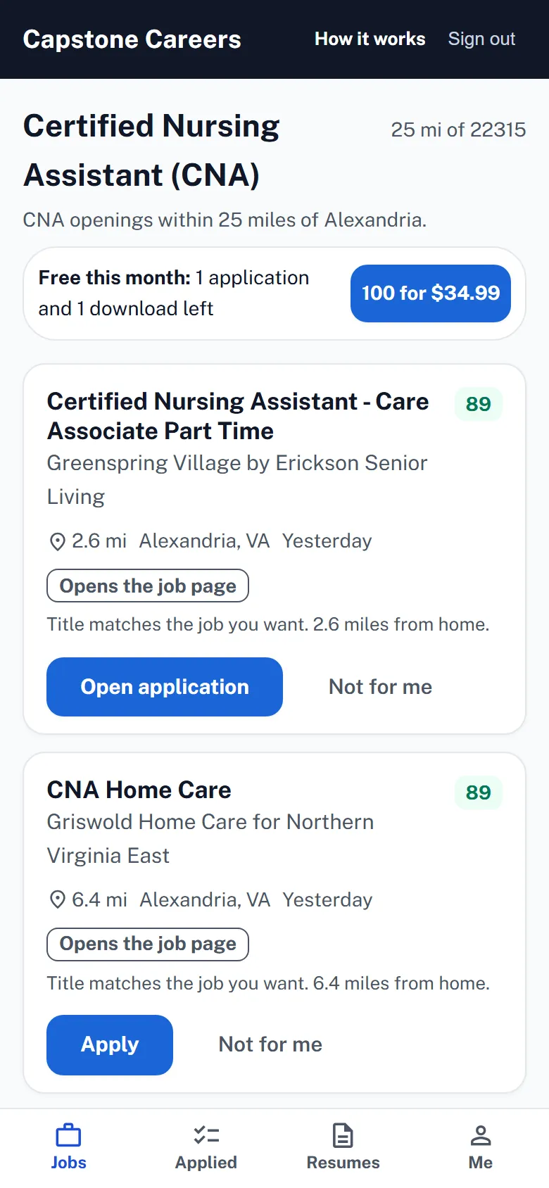 The Capstone Applied jobs list on a phone