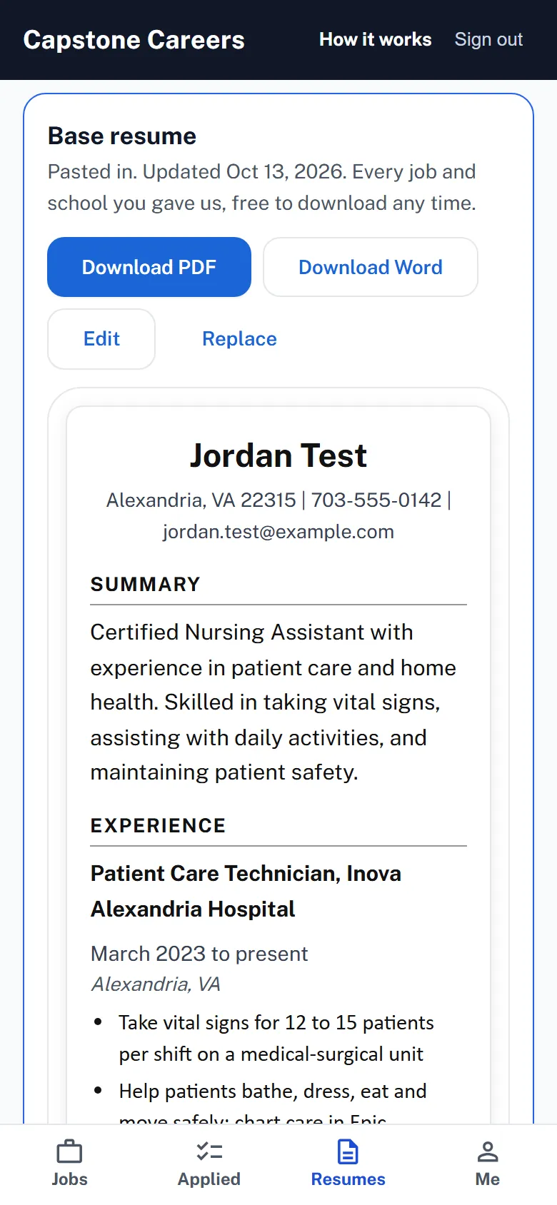A base resume in Capstone Applied, ready to download in PDF or Word